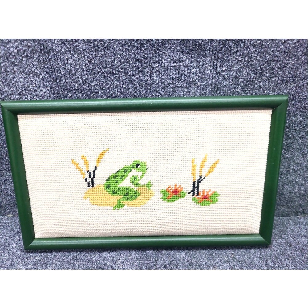 Vintage Frog Needlepoint Framed 13" X 8" MCM